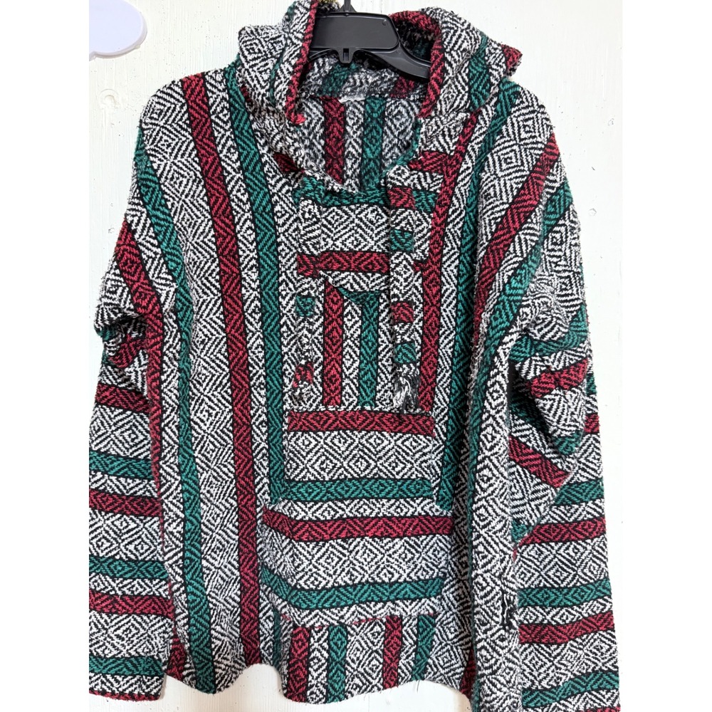El Paso Woven Baja Hoodie Red Green Black Geometric Pullover Jerga Jacket